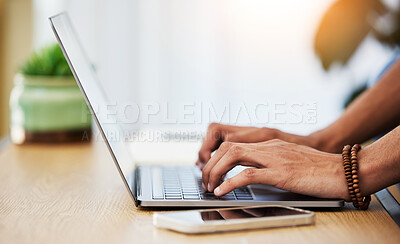 Buy stock photo Closeup, work from home and hands with a laptop, typing and connection with network, smartphone and keyboard. Person, entrepreneur or freelancer with pc, deadline and search internet for website info