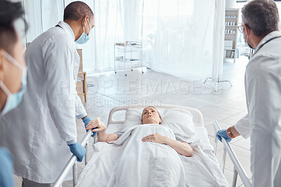 Buy stock photo Doctors, theater and push woman in bed for emergency surgery for cancer treatment. Medical professional, team or surgeon rush patient to operation, er or hospital clinic to save a life for healthcare