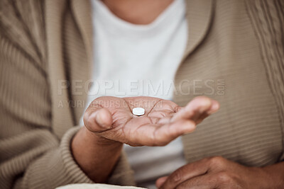 Closeup, woman and pill with health, medicine and wellness with recovery, healing and fever. Zoom, female person and girl with medication, sick and treatment for disease, illness and cure for cold