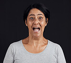 Anxiety, fear and wow portrait of senior woman in studio with news, drama or secret on blue background. Stress, surprise and elderly lady face with shocked emoji expression for omg, wtf or gossip