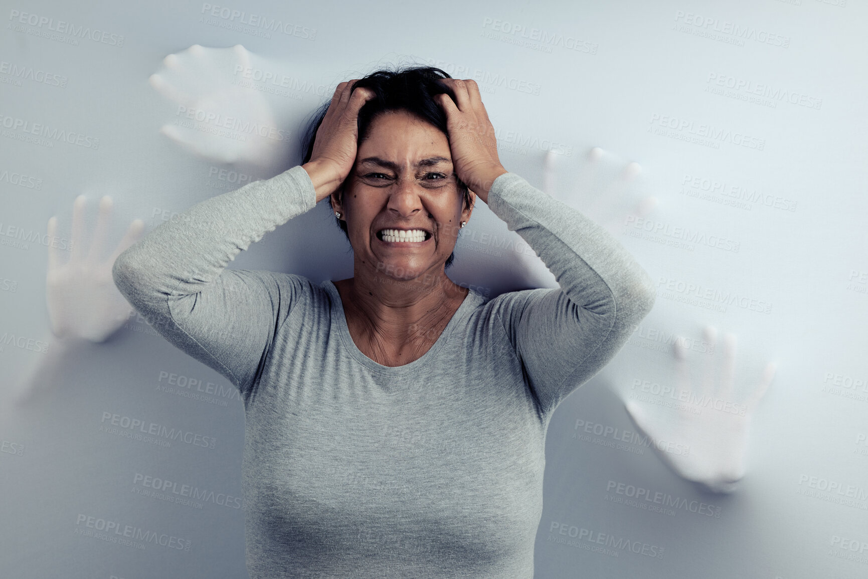 Buy stock photo Portrait, screaming and senior woman with anxiety, depression and trauma with mental health. Angry face, female person or model with stress, frustrated and psychology with fear on a studio background