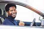 African driver man, seat belt and smile in portrait for safety, warning or reminder for travel, transport or ride. Young guy, new car and happy with freedom, excited and security to stop crash injury