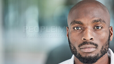 Buy stock photo Business, travel and portrait of black man in a city with confidence, attitude and mindset on blurred background. young, face and African male person outdoor for traveling, experience and ambition