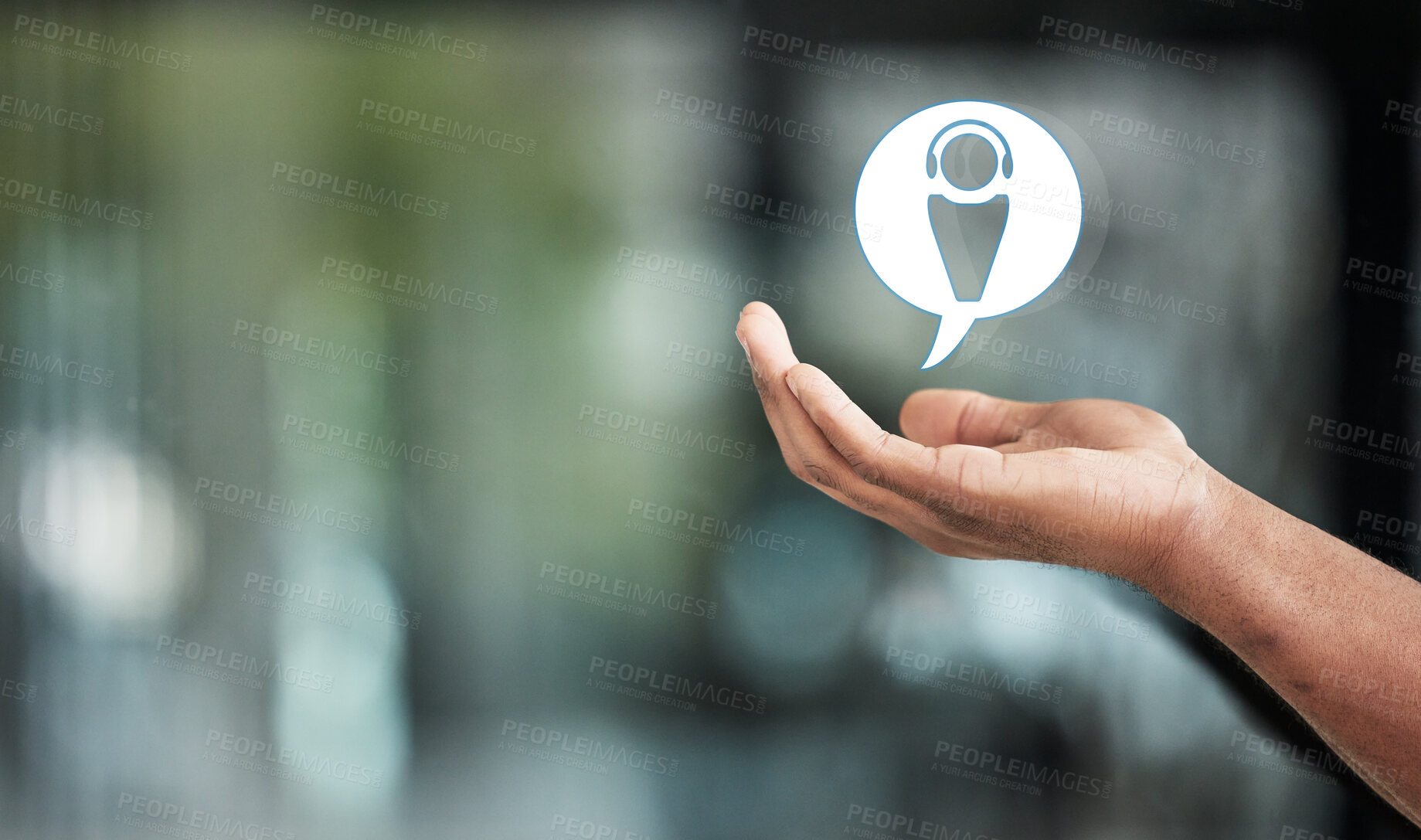 Buy stock photo Hand, icon and call center app with mockup space in an office for customer service or support. App, contact or banner with a crm logo in a palm of an adult for consulting, communication or assistance