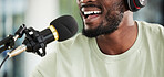 Microphone, headphones and man streaming live, closeup and media broadcast with web radio host. Happy person, influencer or content creator with mic, internet recording and networking with happiness