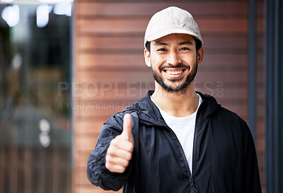 Buy stock photo Portrait, asian man and courier with thumbs up outdoor for delivery, success and thank you with a smile. Happy, face and Japanese guy supplier with emoji vote or yes feedback for distribution service