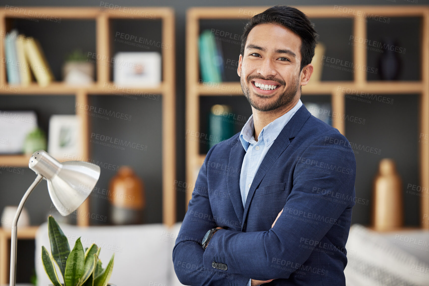 Buy stock photo Smile, confidence and portrait of businessman with arms crossed in modern office, professional boss in India. Pride, face of ceo and business, happy man in corporate management standing in workplace.