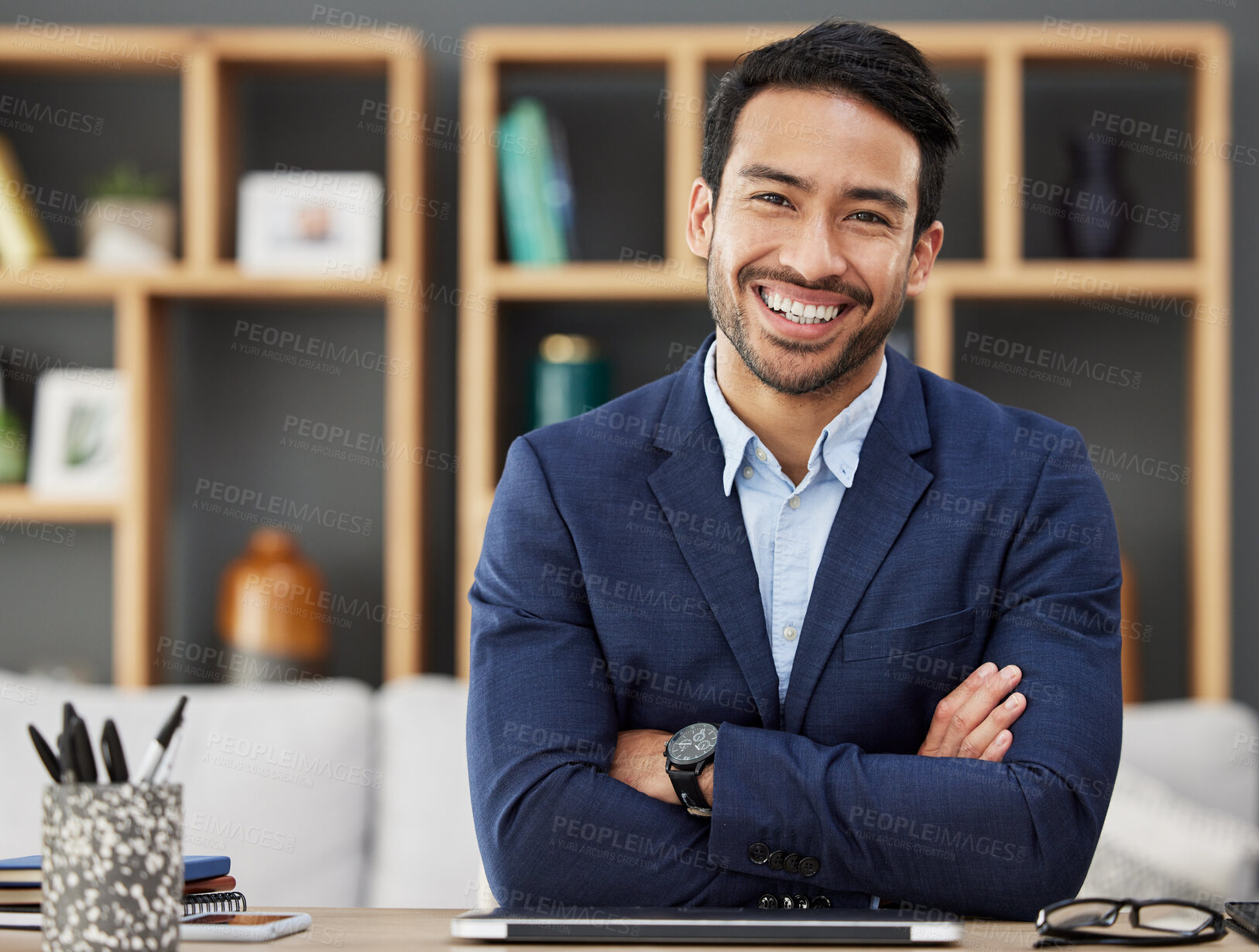 Buy stock photo Portrait, business or Asian man with arms crossed, smile or tablet with career, modern office or happiness. Face, male person or employee in a workplace, professional or happy accountant with success