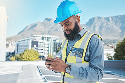 Buy stock photo Engineering man, solar panels and phone in energy saving, sustainability and project management or communication. Electrician or african person on mobile, eco friendly installation and city rooftop
