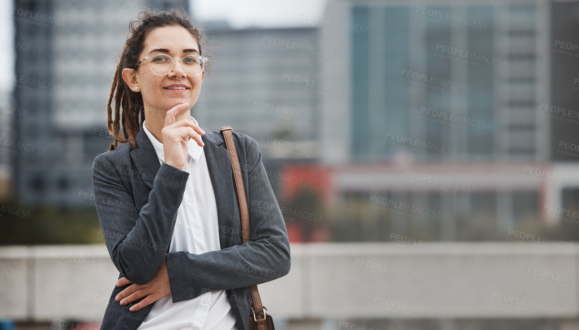 Buy stock photo Business woman, portrait and gen z outdoor with a smile and creative job pride. City, mockup up space and work commute with a professional and female person with trendy piercing from New York in town