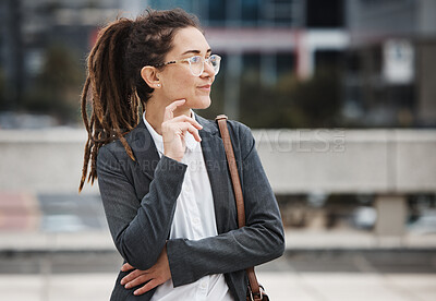 Buy stock photo Business, happy and woman in city thinking with ambition on morning commute, journey and travel. Professional, corporate worker and female person for career progress, work and future in urban town