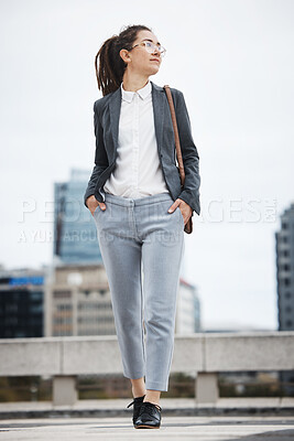 Buy stock photo Business, walking and woman in city thinking with ambition on morning commute, journey and travel. Professional, corporate worker and female person for career progress, work and future in urban town