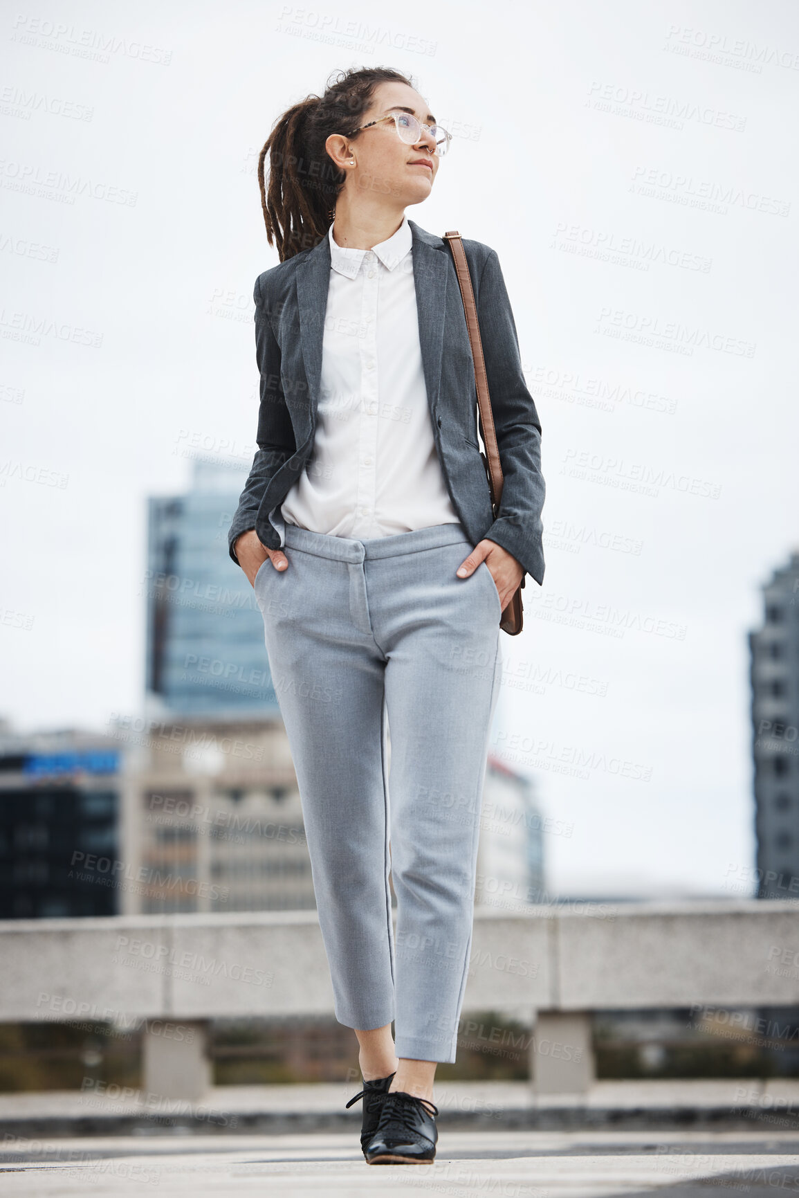 Buy stock photo Business, walking and woman in city thinking with ambition on morning commute, journey and travel. Professional, corporate worker and female person for career progress, work and future in urban town