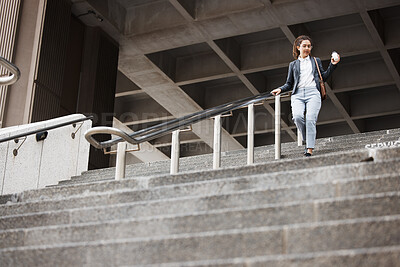 Buy stock photo Walking, city and business woman on stairs with coffee for morning commute, journey and travel. Professional, worker and female person with drink for career, work and job in urban town by building