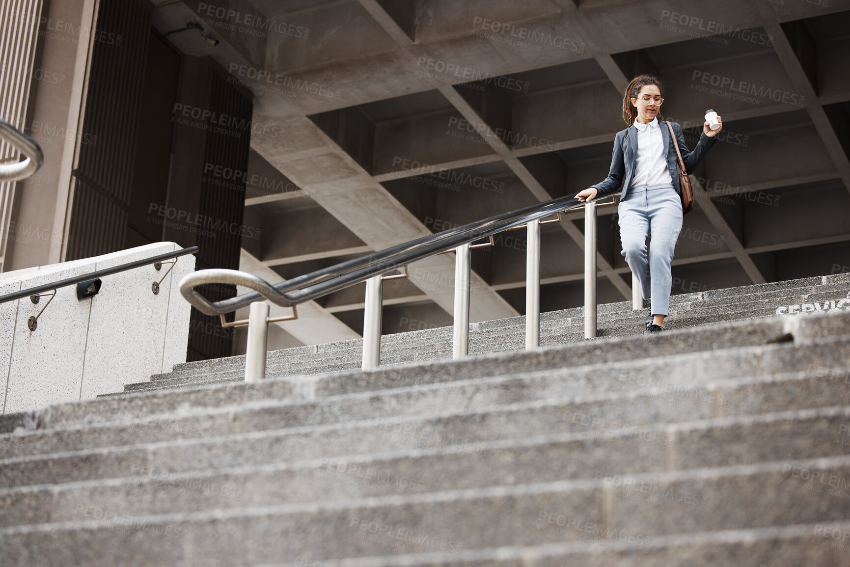 Buy stock photo Walking, city and business woman on stairs with coffee for morning commute, journey and travel. Professional, worker and female person with drink for career, work and job in urban town by building