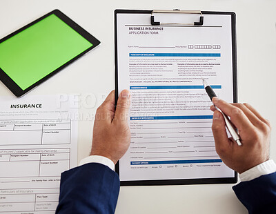 Buy stock photo Tablet, insurance and green screen with hands of lawyer for legal documents, information and policy. Technology, signature and agreement with closeup of person for writing, planning and application