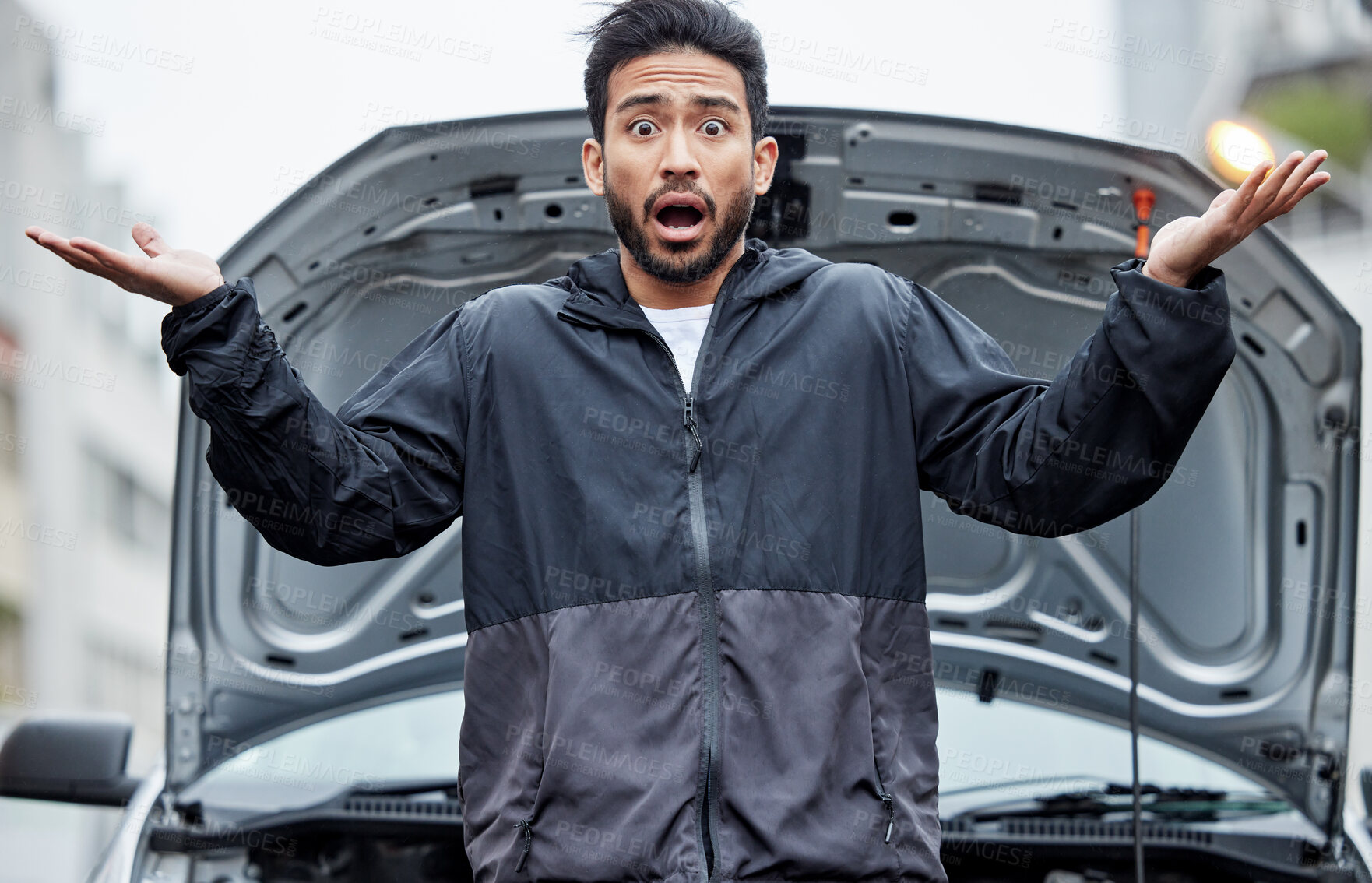 Buy stock photo Car, fail and portrait of confused man with breakdown, stress or panic with wtf hands in a city. Vehicle, emergency and face of Japanese male driver surprised by accident, crisis or engine problem