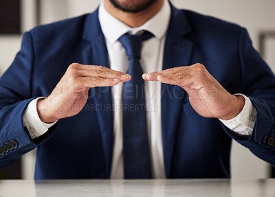 Buy stock photo Hands, insurance and a business man in the office closeup to offer cover for security or safety. Finance, support and hand gesture with a male employee working in an investment agency for protection