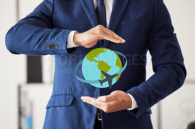 Buy stock photo Hands, world and travel insurance with a man in his office to offer protection or cover during a flight. Plane, service or vacation and a business person in a suit with a globe icon for trip safety