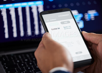 Buy stock photo Hands, phone and man trading on stock market, fintech app or cryptocurrency savings. Closeup of financial trader, broker and screen of tech for data statistics, banking investment or stocks dashboard