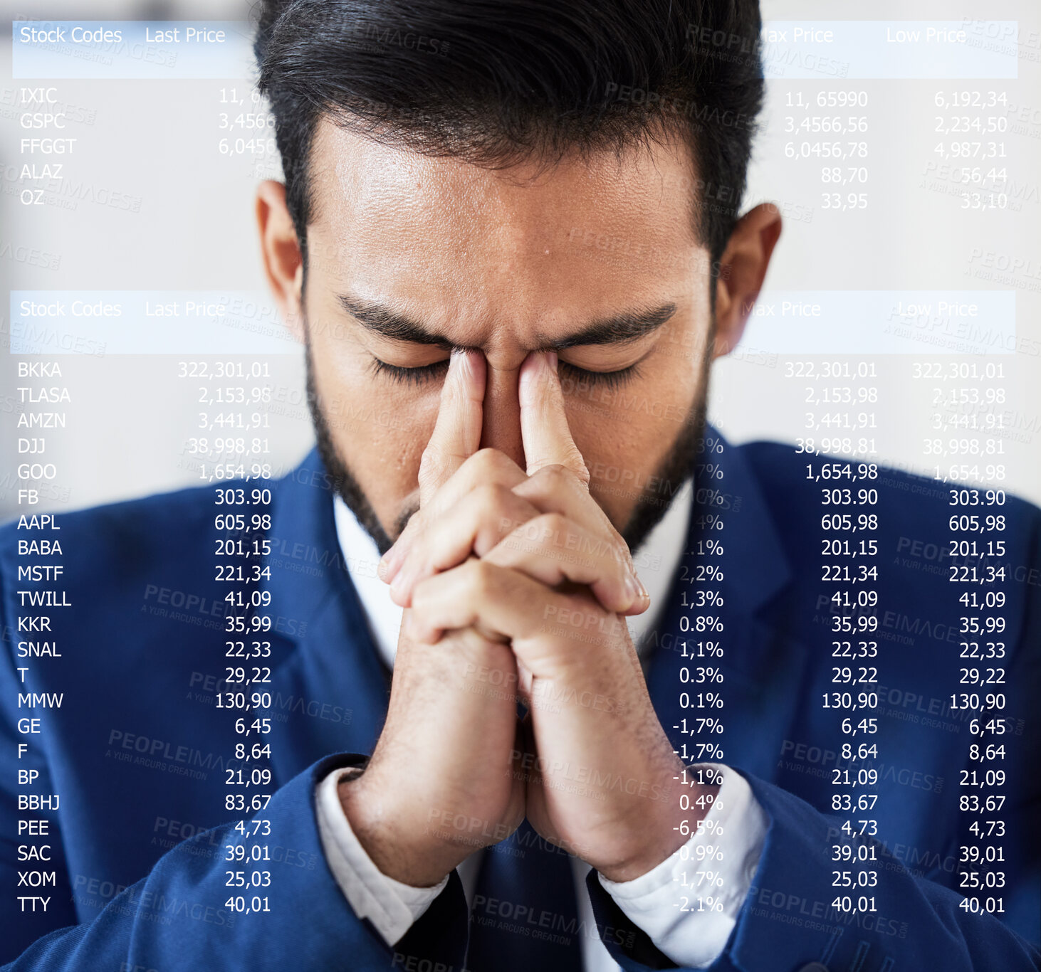 Buy stock photo Trading, sad and hologram with man and stock market crash for finance, inflation and investment. Failure, anxiety and stress with male employee for accounting risk, data analytics and trade crisis
