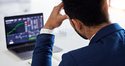 Buy stock photo Closeup, anxiety and laptop with man and stock market crash for finance, sad and investment. Failure, inflation and stress with male employee for accounting risk, data analytics and trading crisis