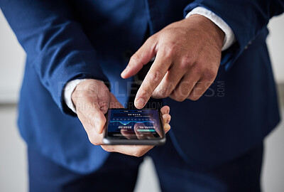 Buy stock photo Hands, phone data and stock market trader check dashboard, fintech app and cryptocurrency software. Closeup of business man, mobile finance and trading for banking, investment or accounting of stocks