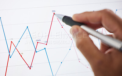 Buy stock photo Hand, growth and chart with drawing, closeup and office for planning, analytics and ideas for investing. Finance employee, pen and board for innovation, stats and vision with graph for stock market