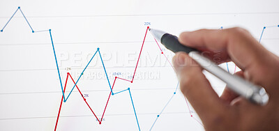 Buy stock photo Hand, stocks and chart with drawing, closeup and office for planning, analytics and ideas for investing. Finance employee, pen and writing for innovation, stats or vision for graph, trading growth or