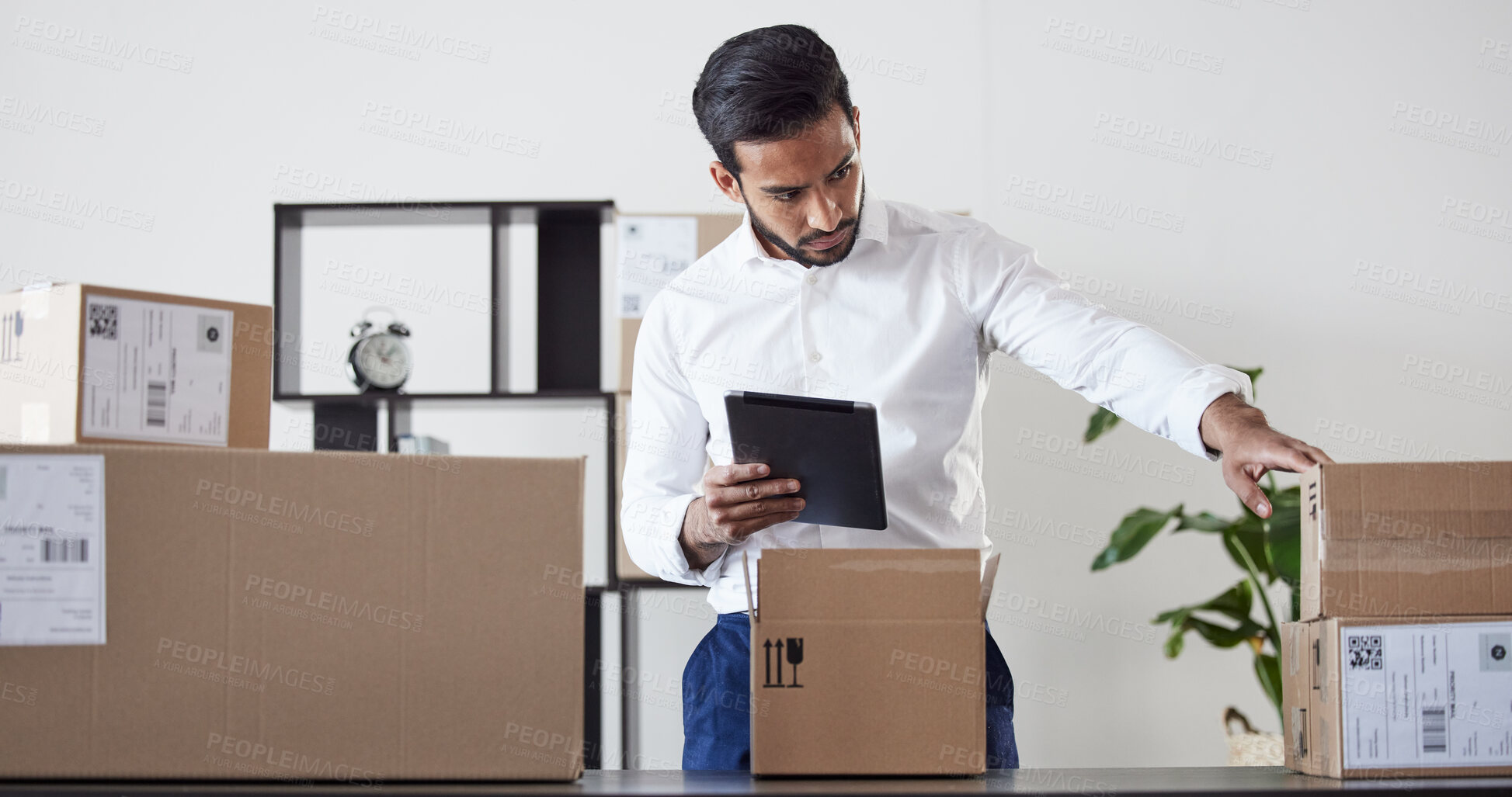 Buy stock photo Tablet, box and business man for ecommerce for logistics, delivery startup and distribution service. Shipping, supply chain and male person on digital tech planning for package, parcel and cargo