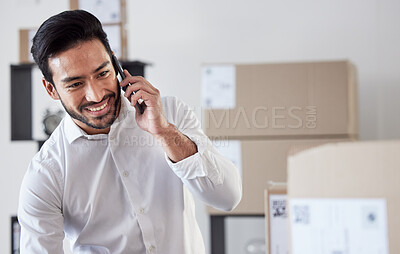 Buy stock photo Phone call communication, business delivery and happy man discussion about product, stock distribution or courier shipping. Supply chain person, export service or conversation with smartphone contact