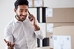 Phone call communication, delivery and business man discussion about storage inventory, distribution or shipping. Supply chain, export service or professional person consulting with cellphone contact
