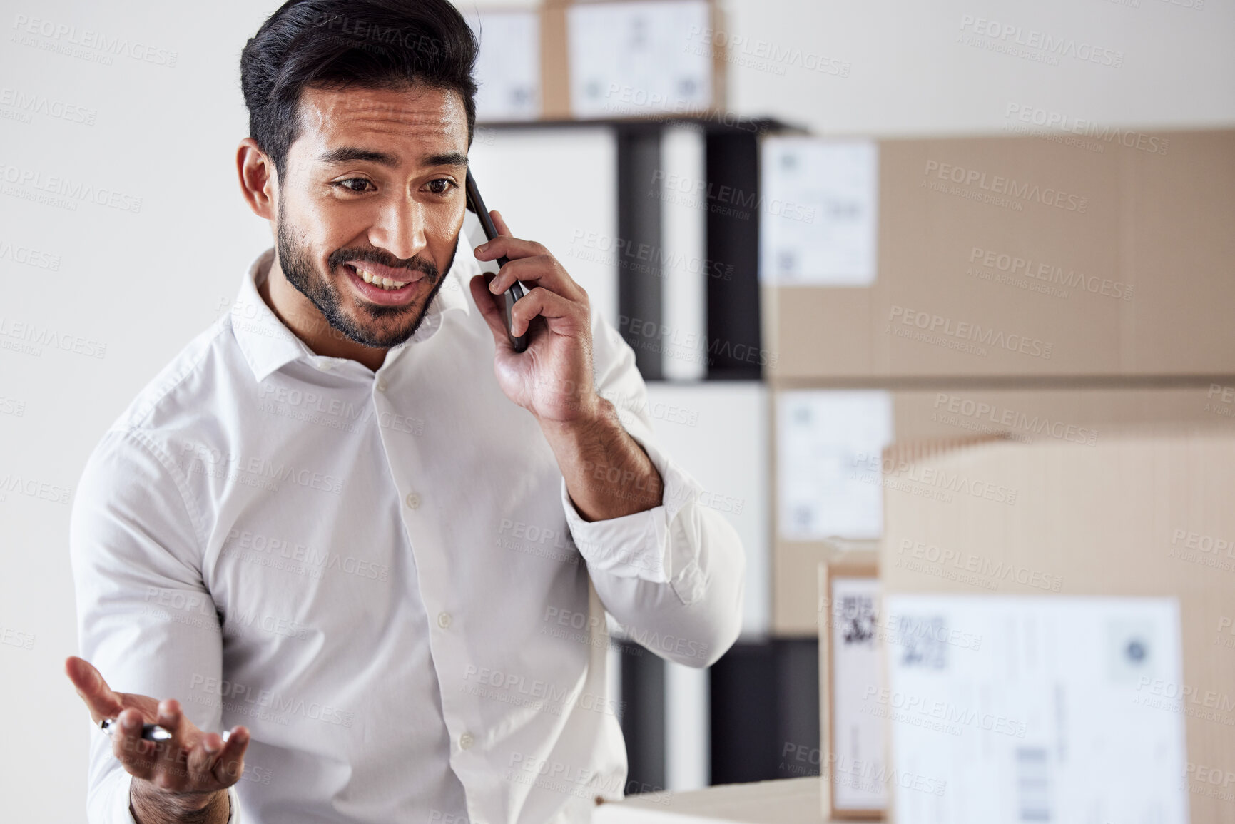 Buy stock photo Phone call communication, delivery and business man discussion about storage inventory, distribution or shipping. Supply chain, export service or professional person consulting with cellphone contact