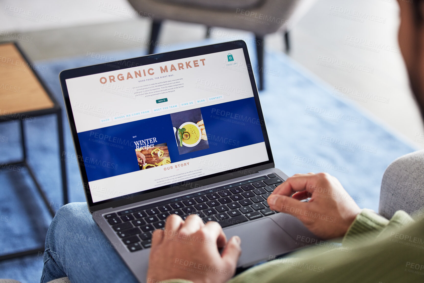 Buy stock photo Online shopping menu, laptop screen and person hands reading healthy food homepage, restaurant web store or nutrition catalog. About us, organic market info and home customer search website for lunch