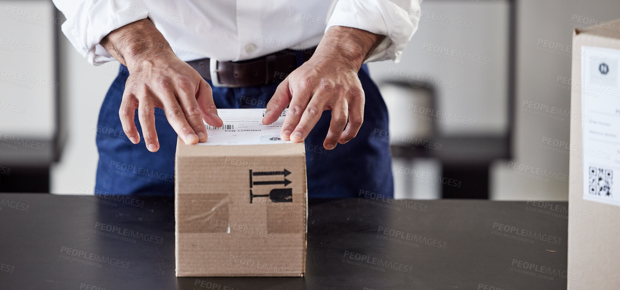 Buy stock photo Sticker, delivery or hands of businessman with box for ecommerce, courier cargo or distribution service. Shipping, order label or entrepreneur sending a post package, freight parcel or mail product