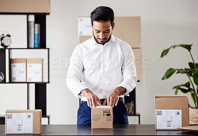 Buy stock photo Courier, delivery and businessman with box for ecommerce logistics, product label or distribution service. Shipping, supply chain or entrepreneur planning for a store package, freight parcel or cargo