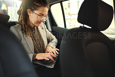 Buy stock photo Laptop, taxi travel or professional woman typing online website search, reading schedule information or check agenda. Morning commute trip, car passenger and business person research on urban journey