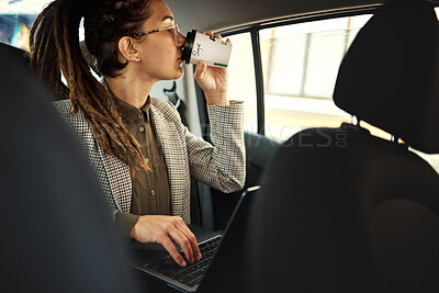 Buy stock photo Coffee, taxi travel or business woman, consultant or agent drink wellness beverage, hot chocolate or latte on morning commute. Tea cup, laptop or person in auto car, city journey or transport service
