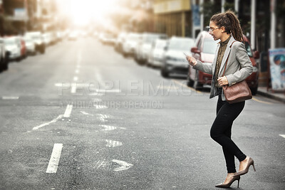 Buy stock photo Phone, walking and business woman in city for social media, email and mockup space at sunset commute. Mobile, consultant and professional in street on smartphone for networking, travel and lens flare