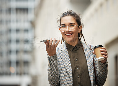 Buy stock photo Speaker phone call, city and corporate woman portrait, happiness or talking with business contact. Audio voice recording, smartphone mic and person walking on morning commute, coffee break or journey