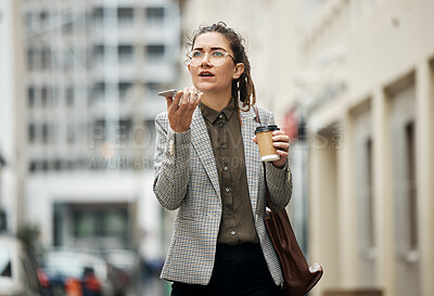 Buy stock photo Speaker phone call, city and professional woman walking, speaking and planning in discussion, conversation or communication. Voice note, coffee break and outdoor person chat on morning consultation