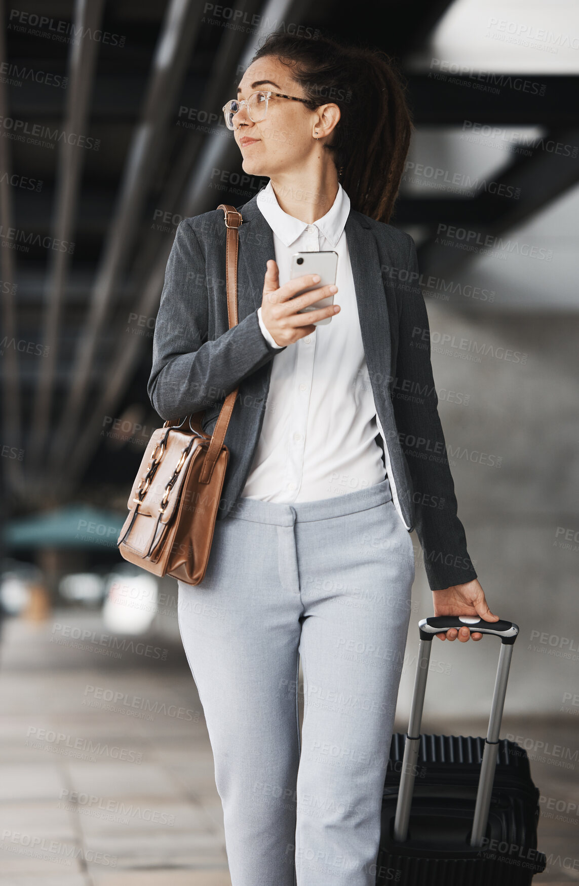 Buy stock photo Phone, vision and suitcase with a business woman walking in an airport parking lot outdoor in the city. Mobile, luggage and thinking with a young female professional on an international work trip