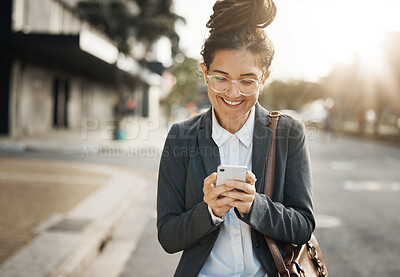 Buy stock photo Business, road and woman with a cellphone, typing and travel with internet connection, mobile app and smile. Female person, outdoor and happy employee with a smartphone, social media and happiness