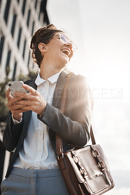 Buy stock photo Business, city and woman with a smartphone, funny or travel with internet connection, happiness or email. Female person, humor or consultant with a cellphone, mobile app or outdoor with social media