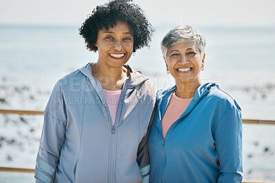 Buy stock photo Senior women outdoor, portrait and fitness, smile with retirement and friends with health and wellness. Exercise, training and workout together with female people, friendship and vitality in nature