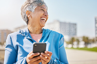 Buy stock photo Funny, phone and fitness with old woman at beach for running, workout and mockup. Network, communication and contact with female runner laughing in nature for technology, sports and mobile app