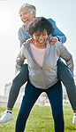 City, funny and senior friends piggy back together or women playing, crazy and laughing after outdoor exercise. Health, wellness and goofy elderly people bonding with humor or comedy after workout