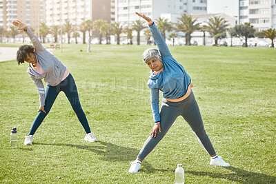 Buy stock photo Women, elderly and stretching in park, exercise and wellness with flexibility and start workout outdoor. Female people, friends with pilates or running in nature, training and fitness with vitality