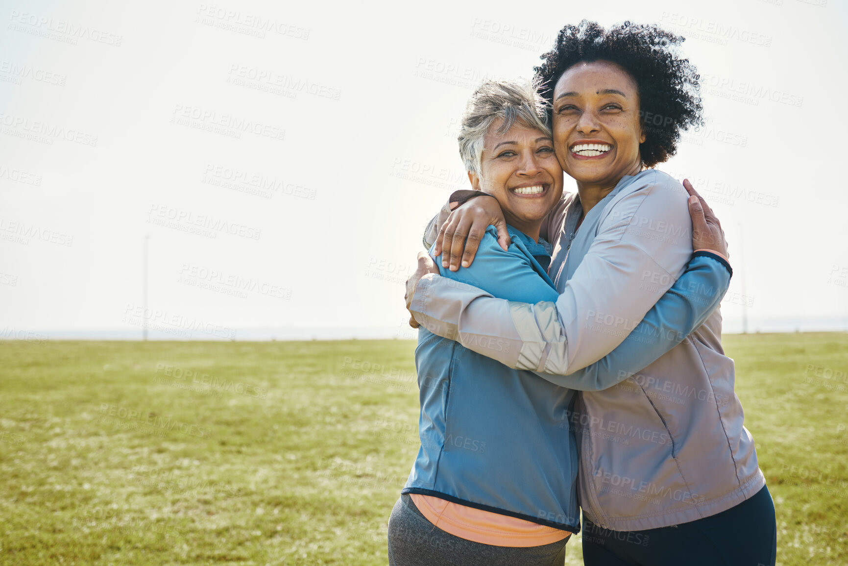 Buy stock photo Happy, hug and portrait of senior women bonding with love, care and friendship after a workout together. Happiness, nature and elderly female friends with a smile in sportswear after training in park