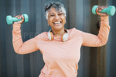 Buy stock photo Fitness, health and portrait with old woman and dumbbell for strong, workout and sports, Weightlifting, muscle and training with senior person and weights for gym workout, exercise or wellness mockup
